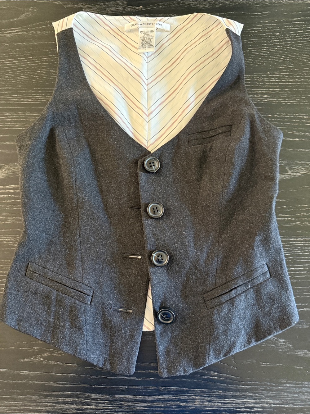 Diane Von Furstenberg Dark Gray Tailored Vest with Striped Lining